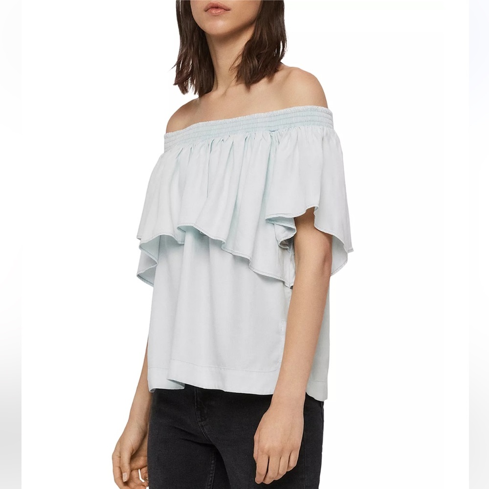 AllSaints Sacha Tencel Chambray Off-the-Shoulder Bardot Top Size Small